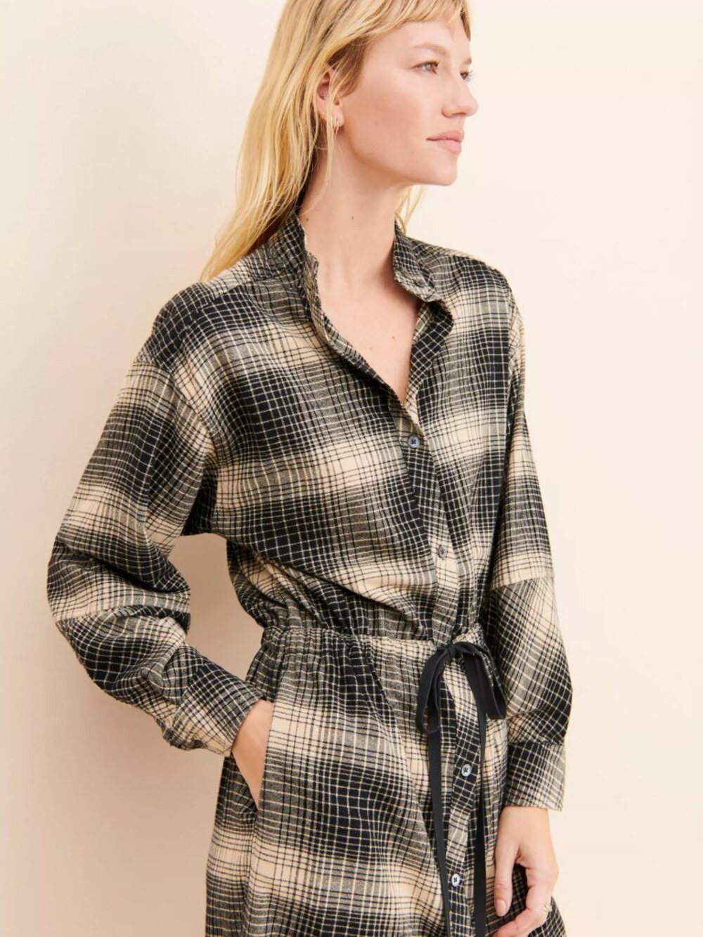 JOIE Ardine Plaid Flannel shirt dress - FALL Perfection Midi Black Tan Button Up - Picture 11 of 16